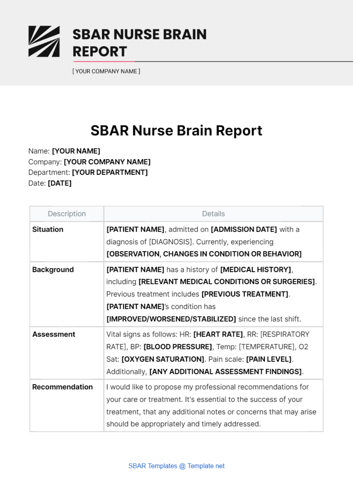 SBAR Nurse Brain Report Template