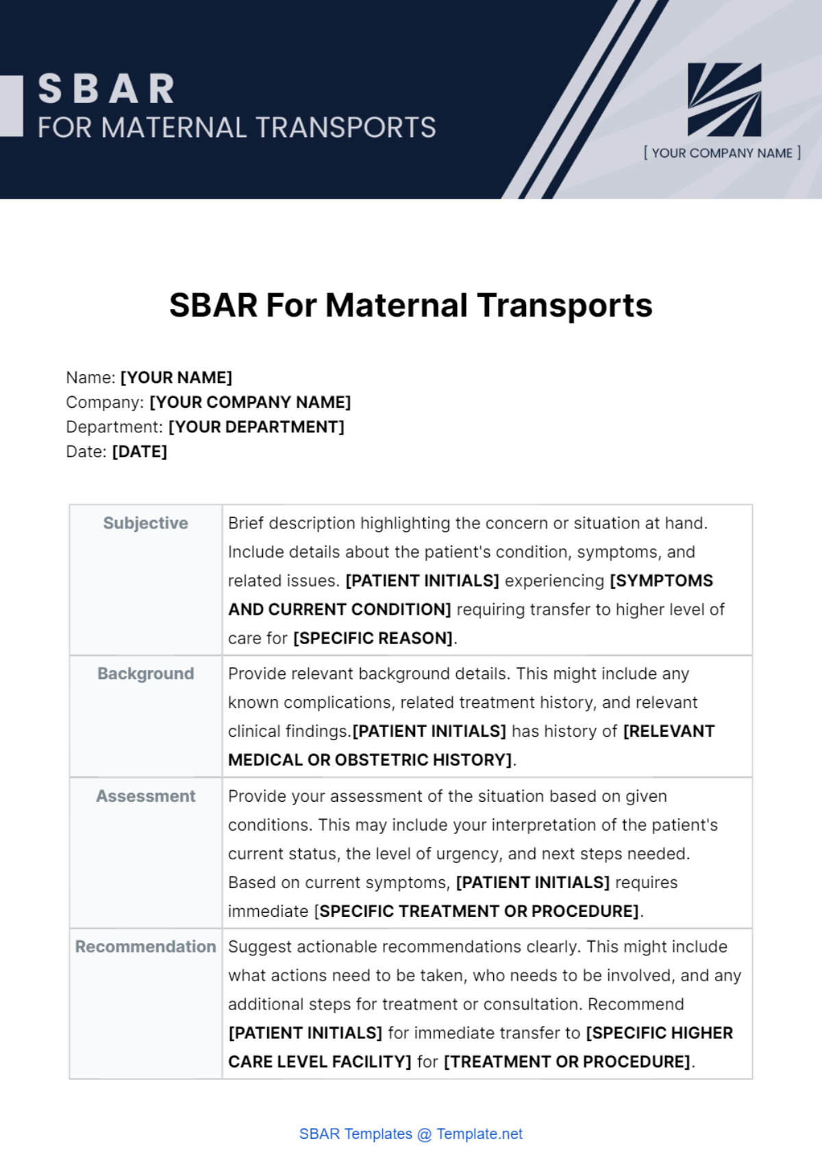 Free SBAR for Maternal Transports Template