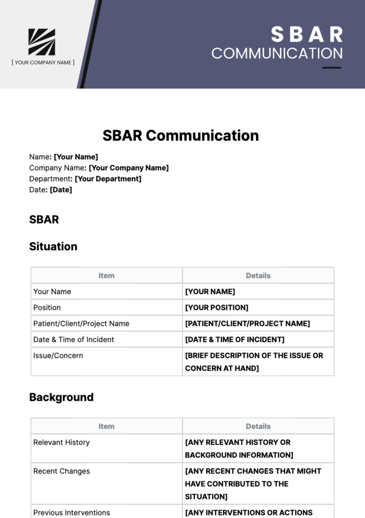 SBAR Communication Template