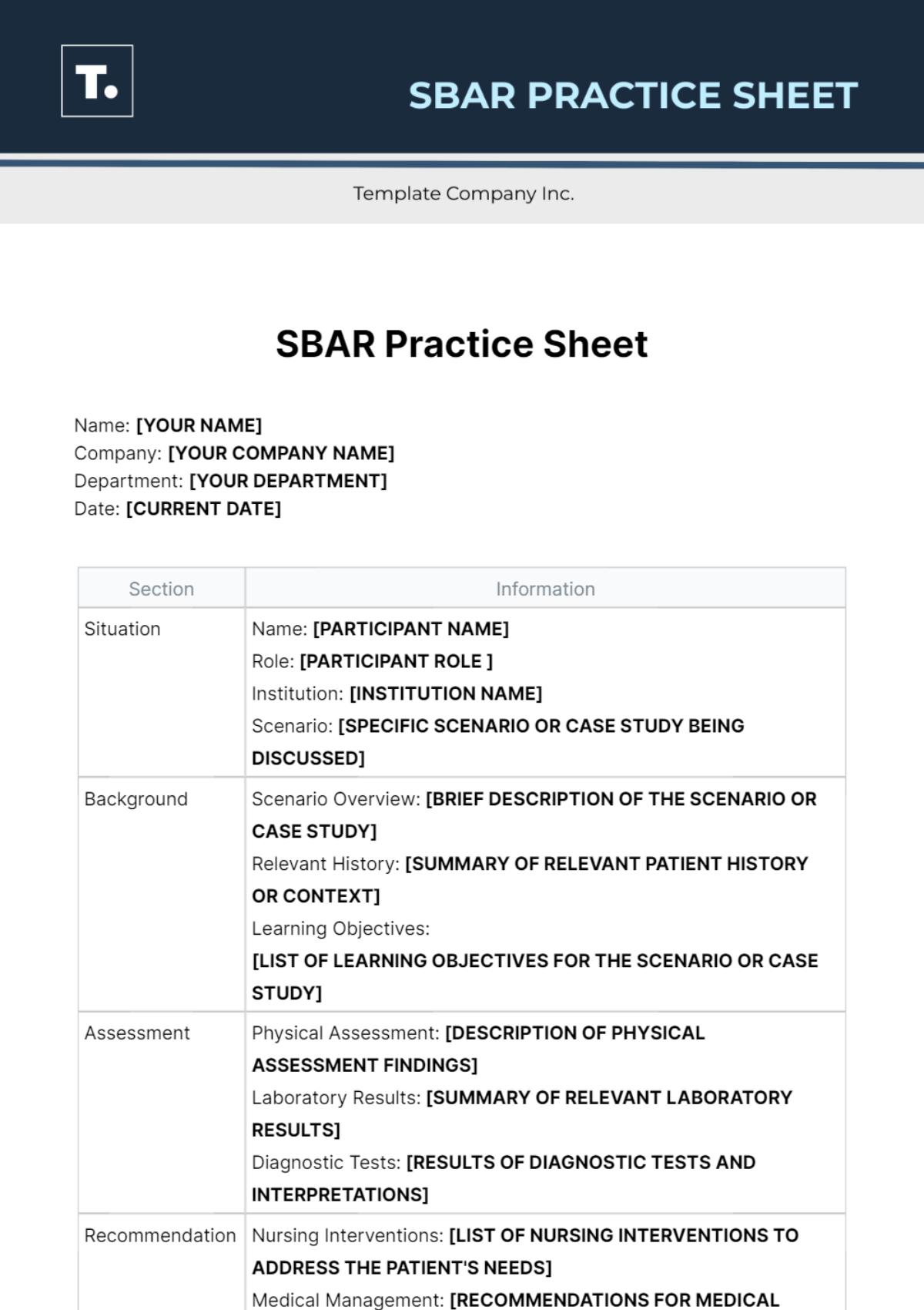 SBAR Practice Sheet Template