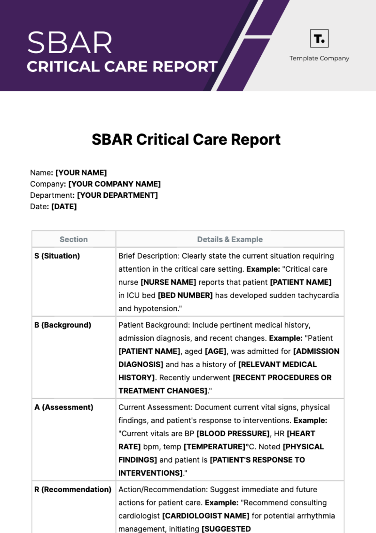 SBAR Critical Care Report Template