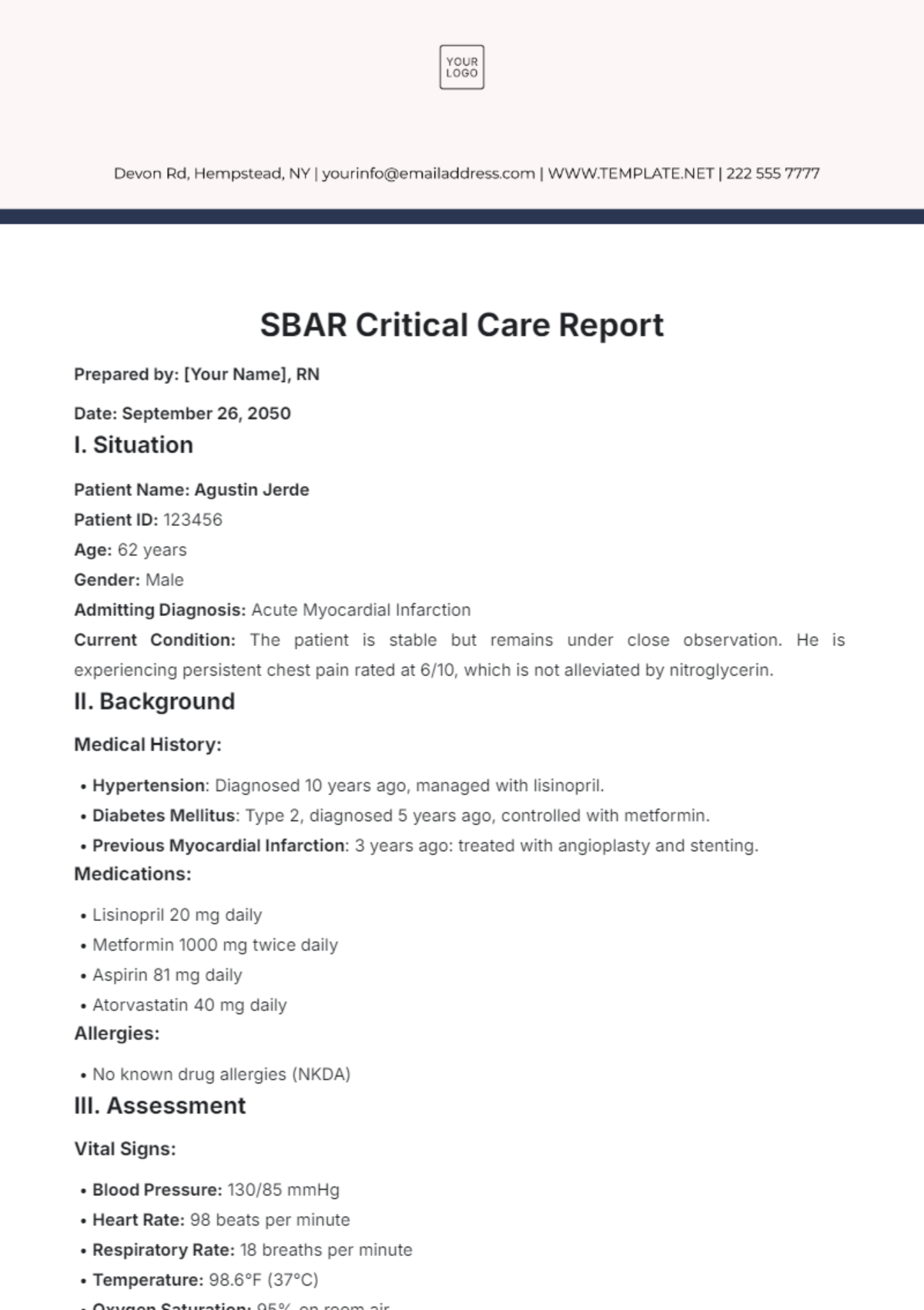 SBAR Critical Care Report Template