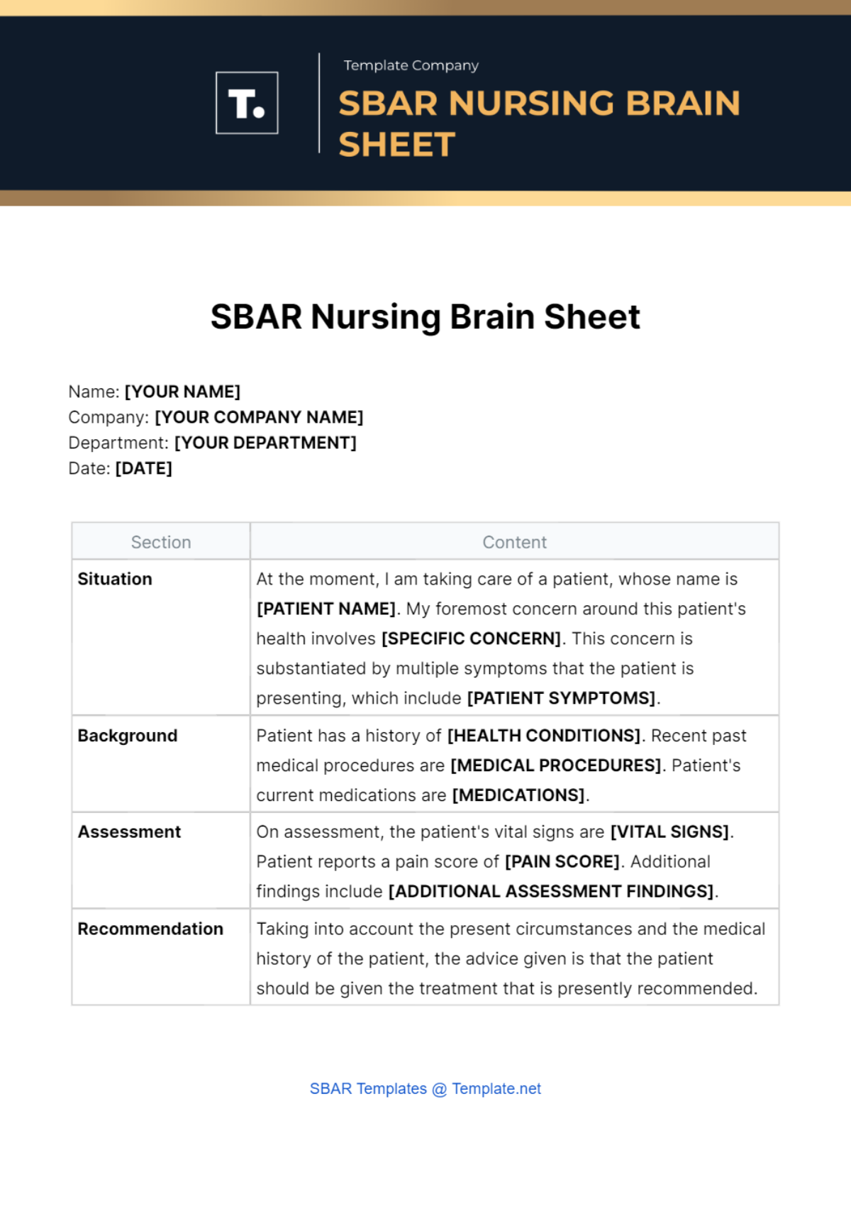 SBAR Nursing Brain Sheet Template