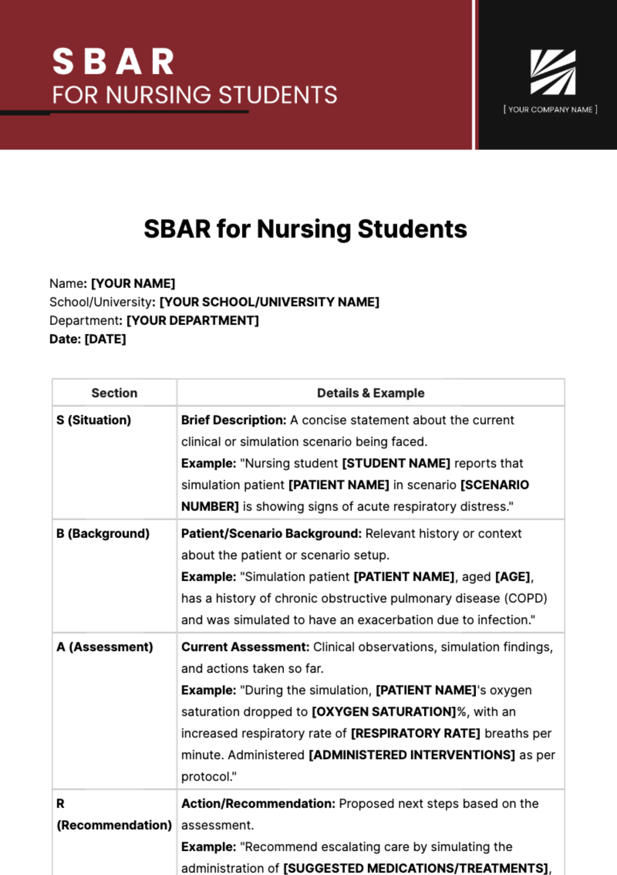 SBAR For Nursing Students Template