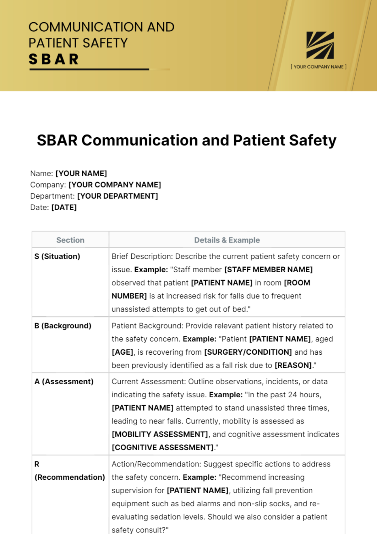SBAR Communication and Patient Safety Template