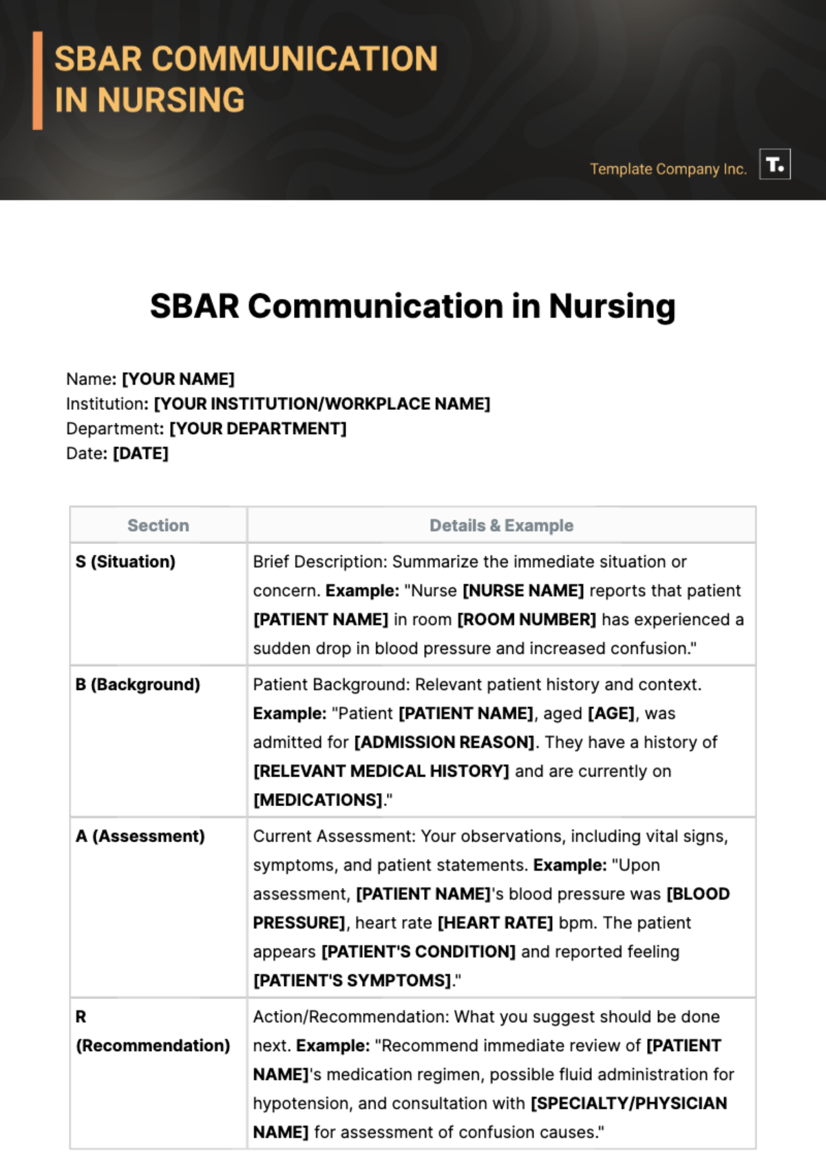 SBAR Communication Nursing Template