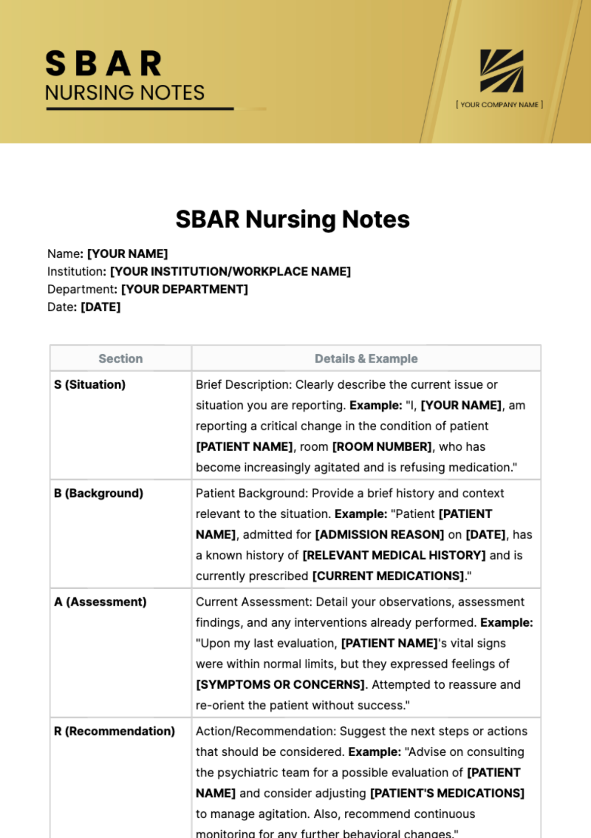 SBAR Nursing Notes Template