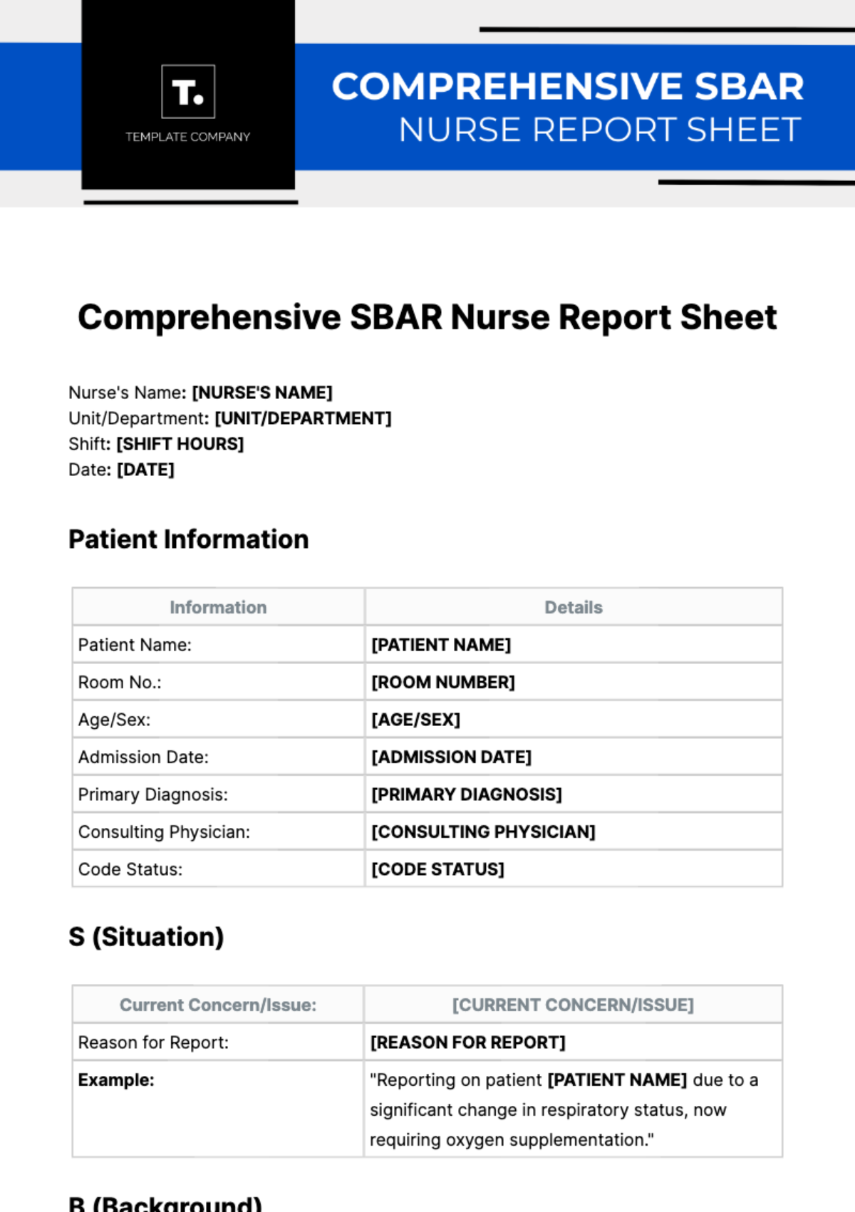 Free  Comprehensive SBAR Nurse Report Sheet Template