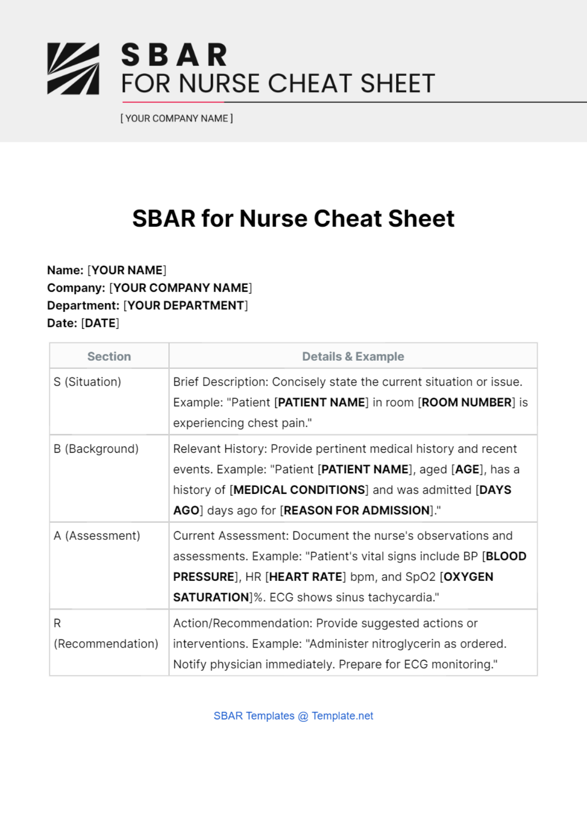 SBAR for Nurse Cheat Sheet Template