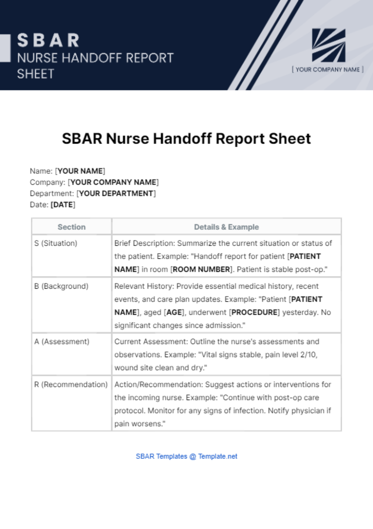 SBAR Nurse Handoff Report Sheet Template