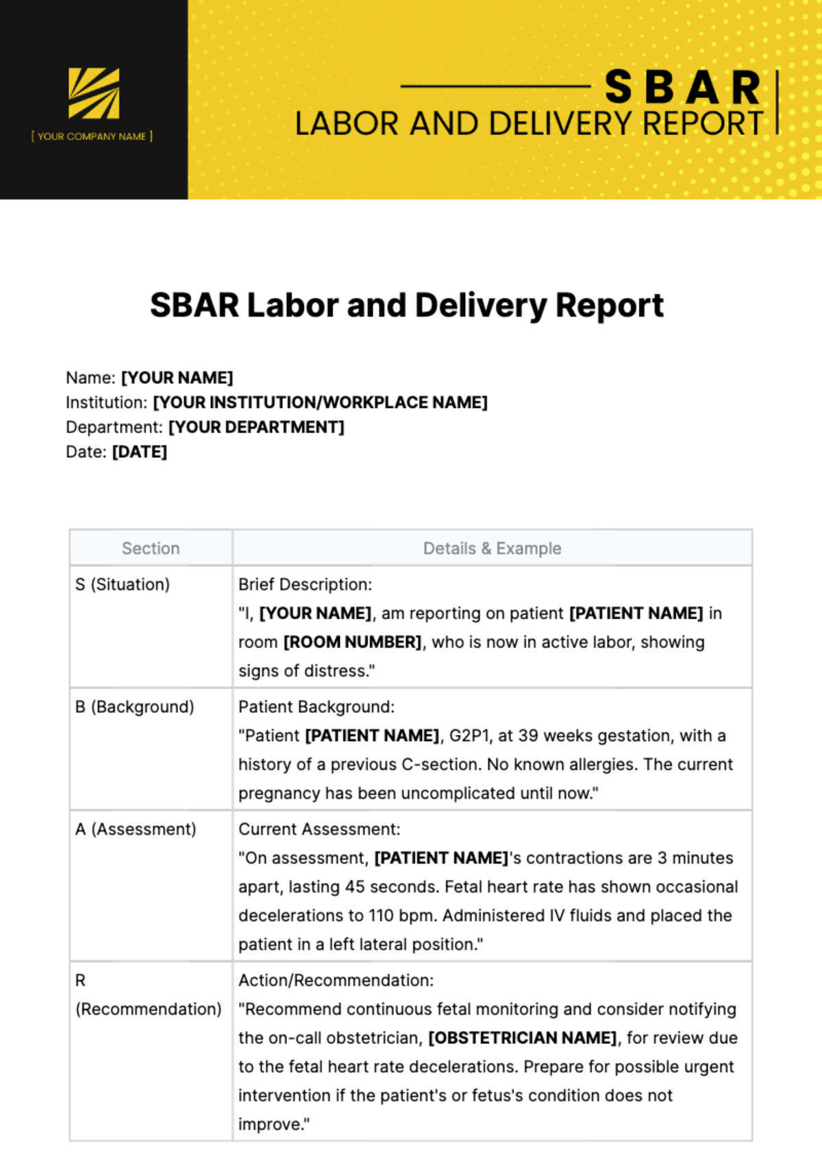 Free SBAR Labor Delivery Report Template