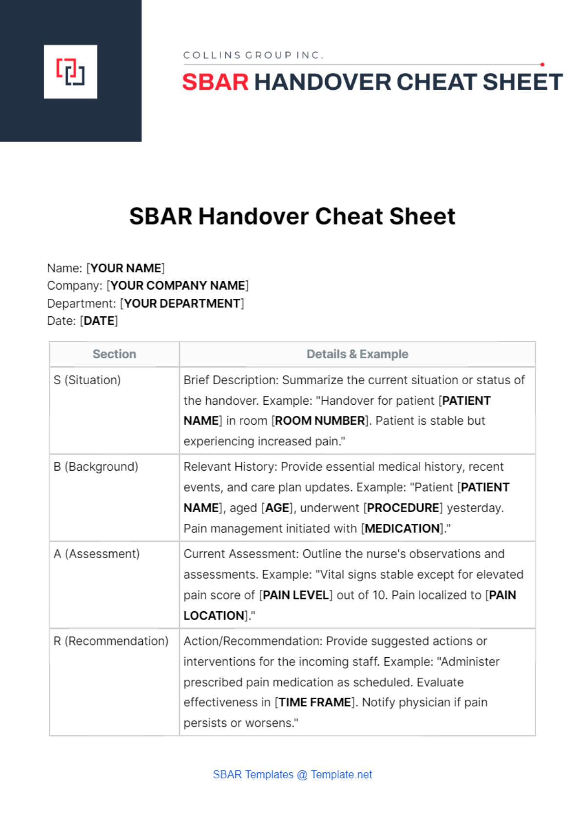 SBAR Handover Cheat Sheet Template