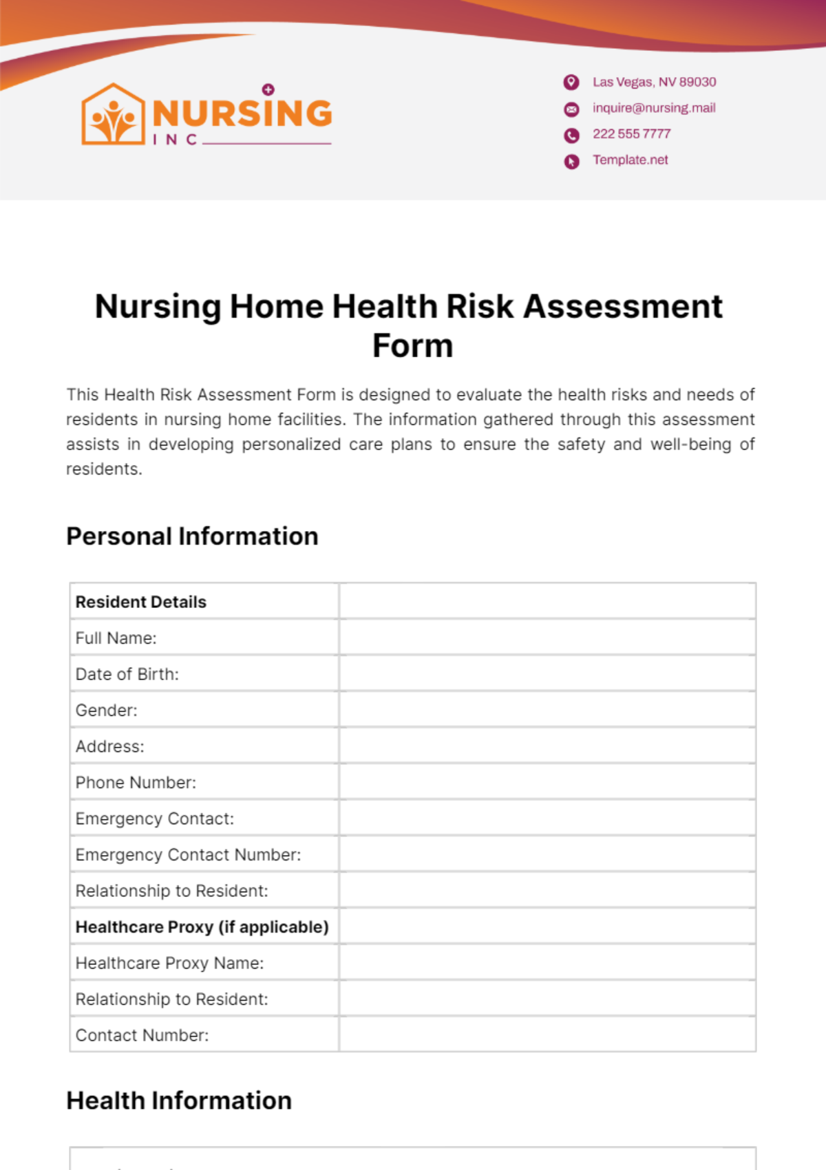 Nursing Home Health Risk Assessment Form Template