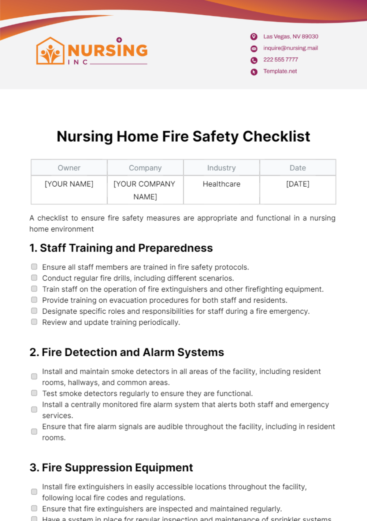 Nursing Home Fire Safety Checklist Template