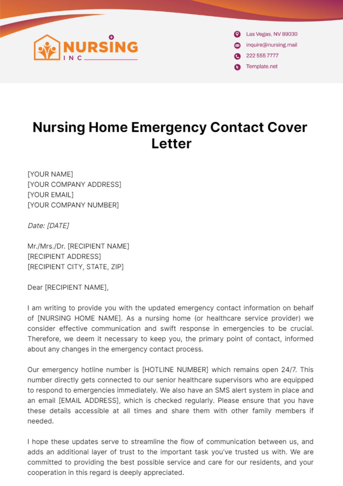 Nursing Home Emergency Contact Cover Letter Template