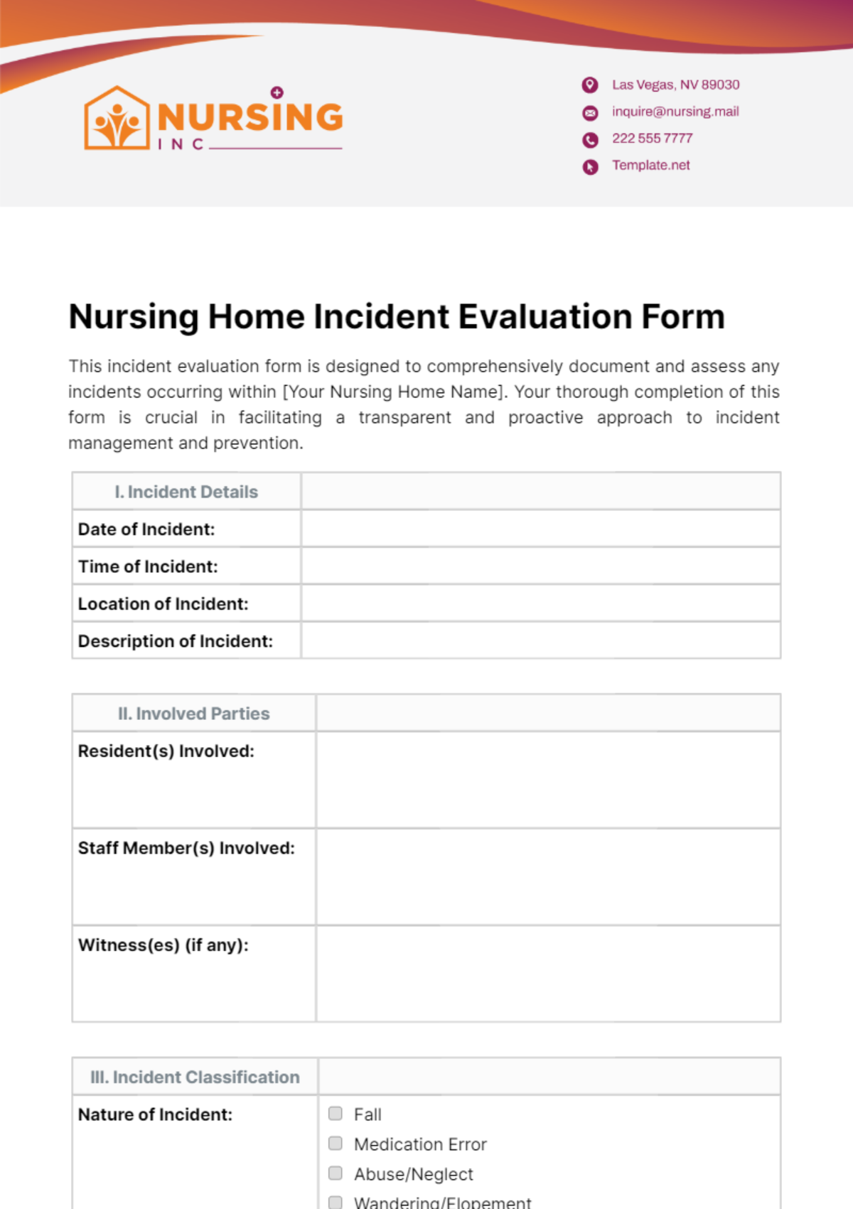 Nursing Home Incident Evaluation Form Template