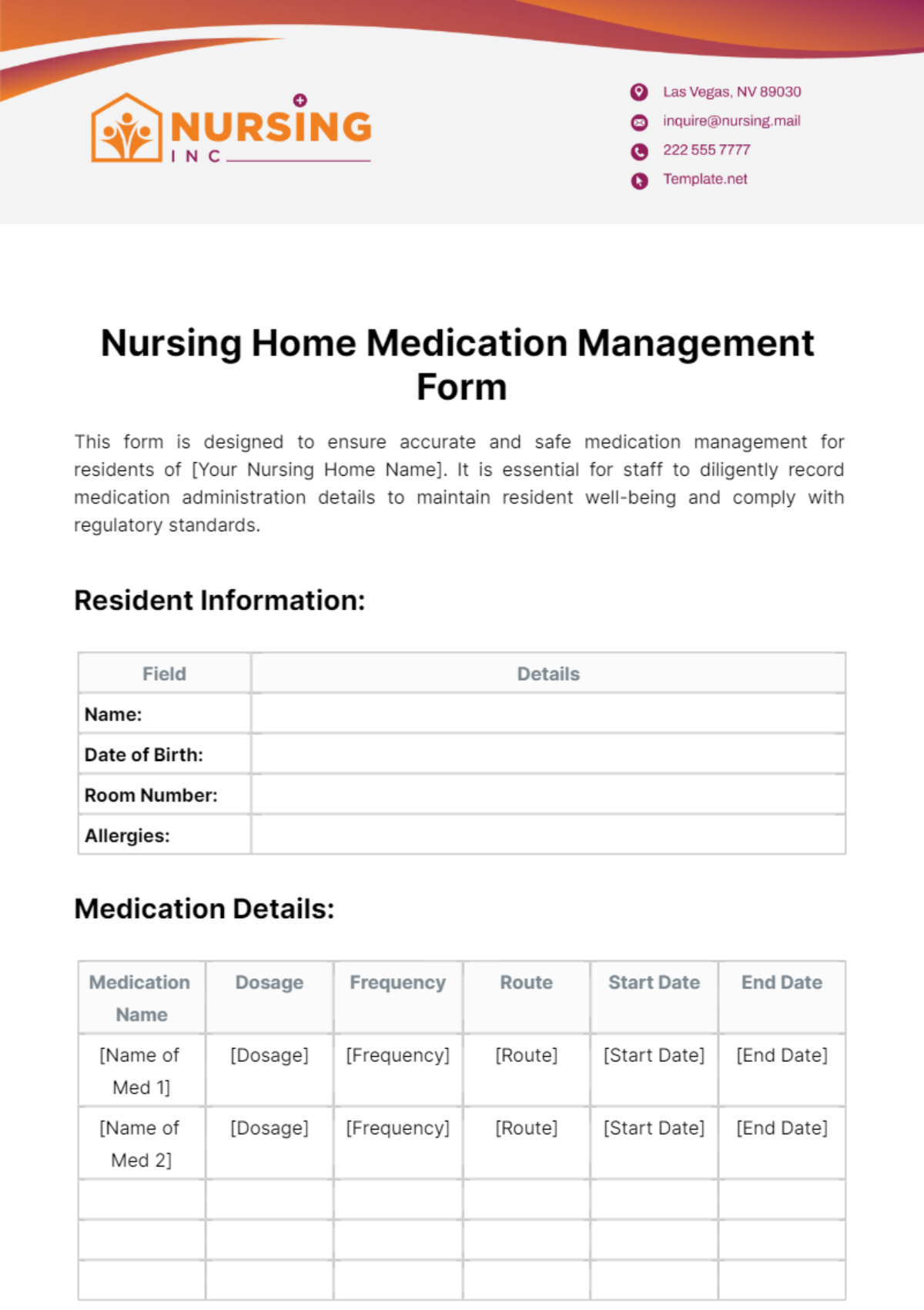 Free Nursing Home Medication Management Form Template