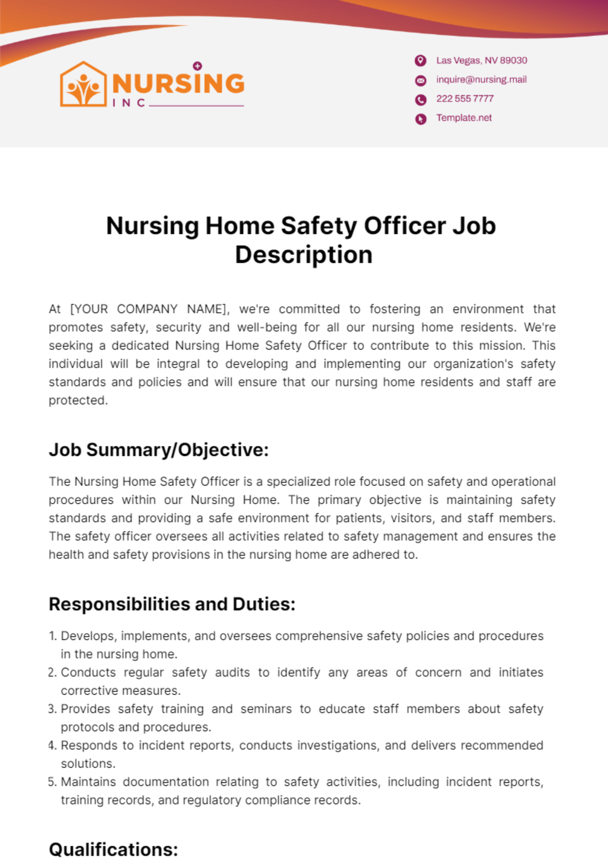 Nursing Home Safety Officer Job Description Template