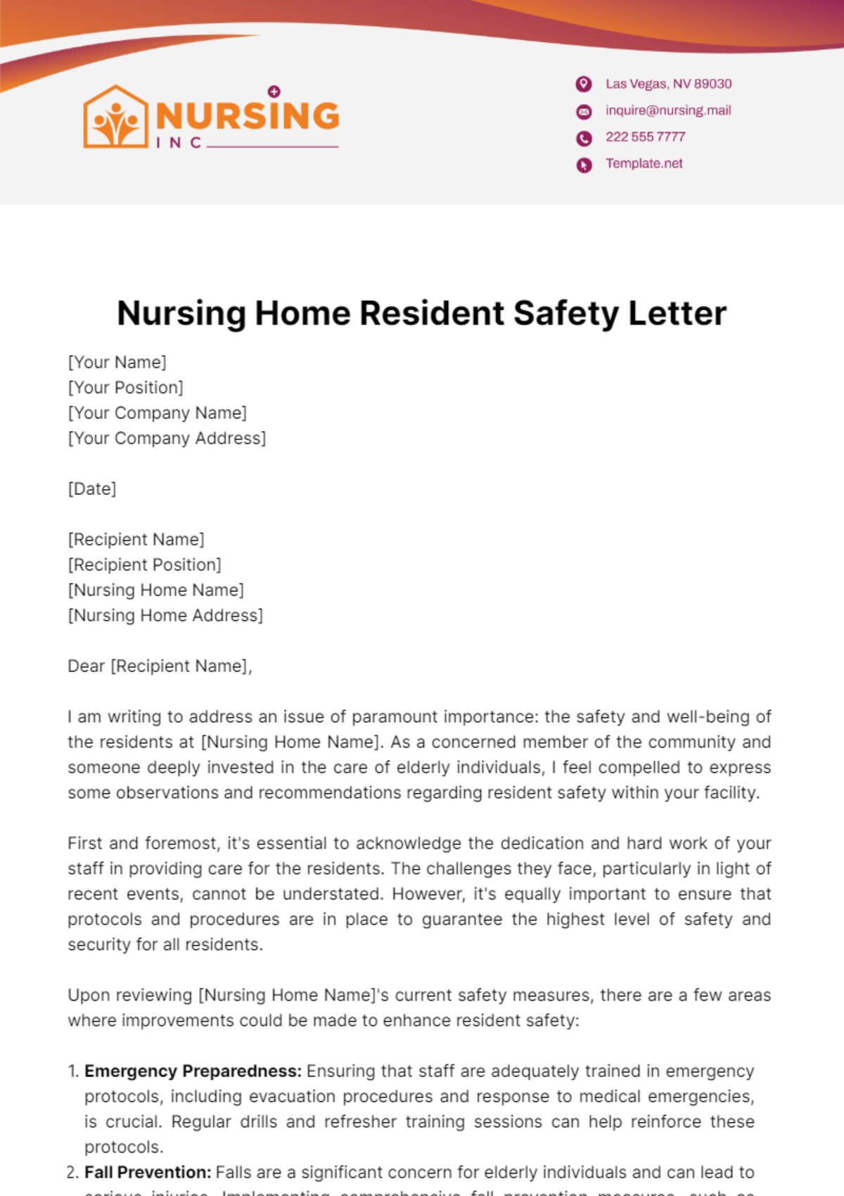 Free Nursing Home Resident Safety Letter Template