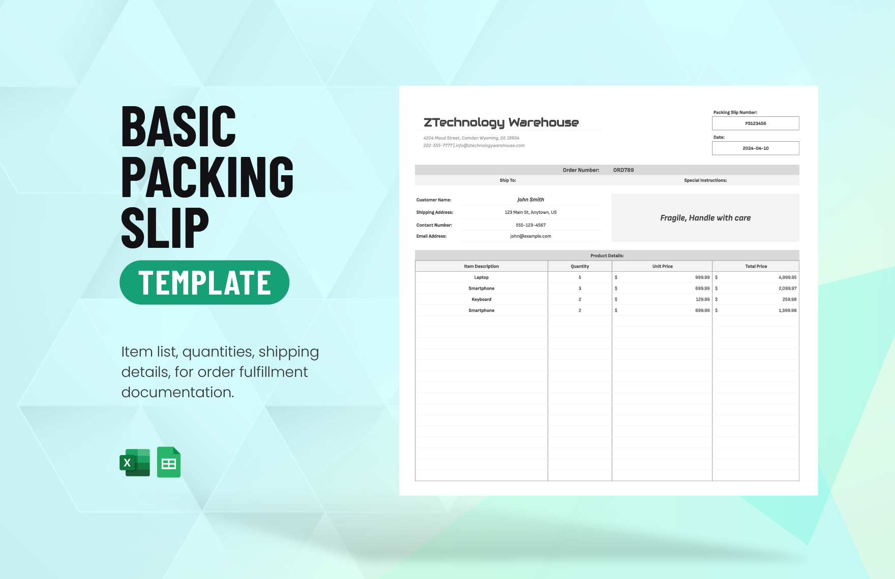 Basic Packing Slip Template in Excel, Google Sheets