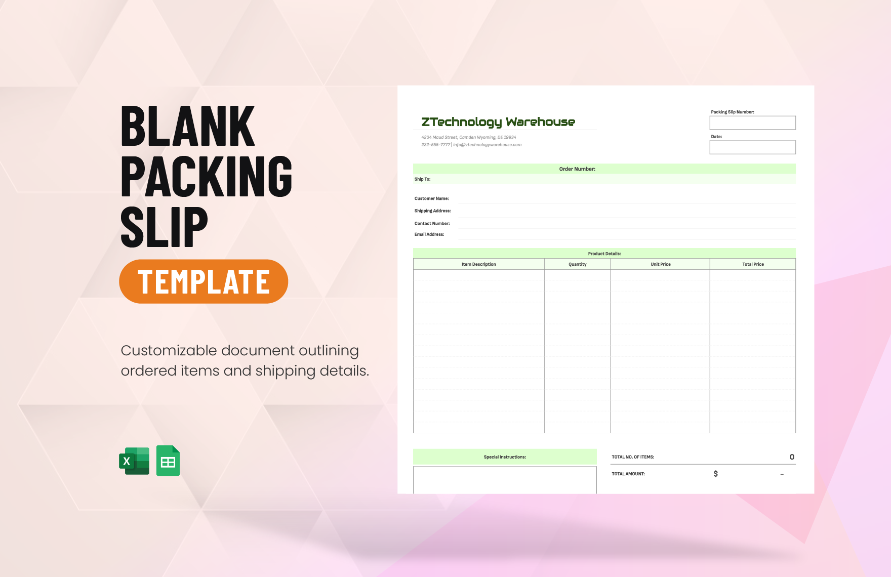 Blank Packing Slip Template in Excel, Google Sheets