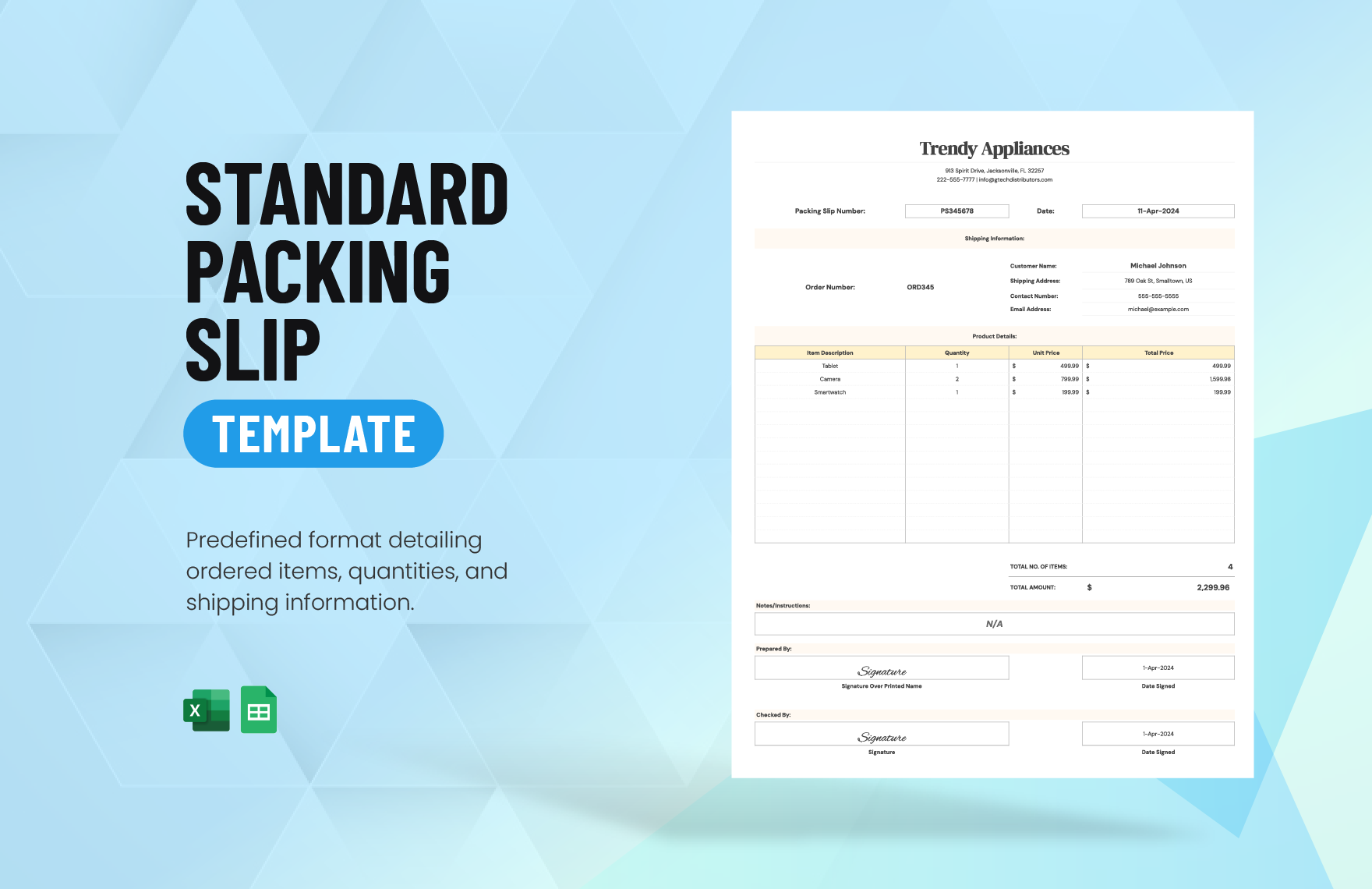 Standard Packing Slip Template in Excel, Google Sheets