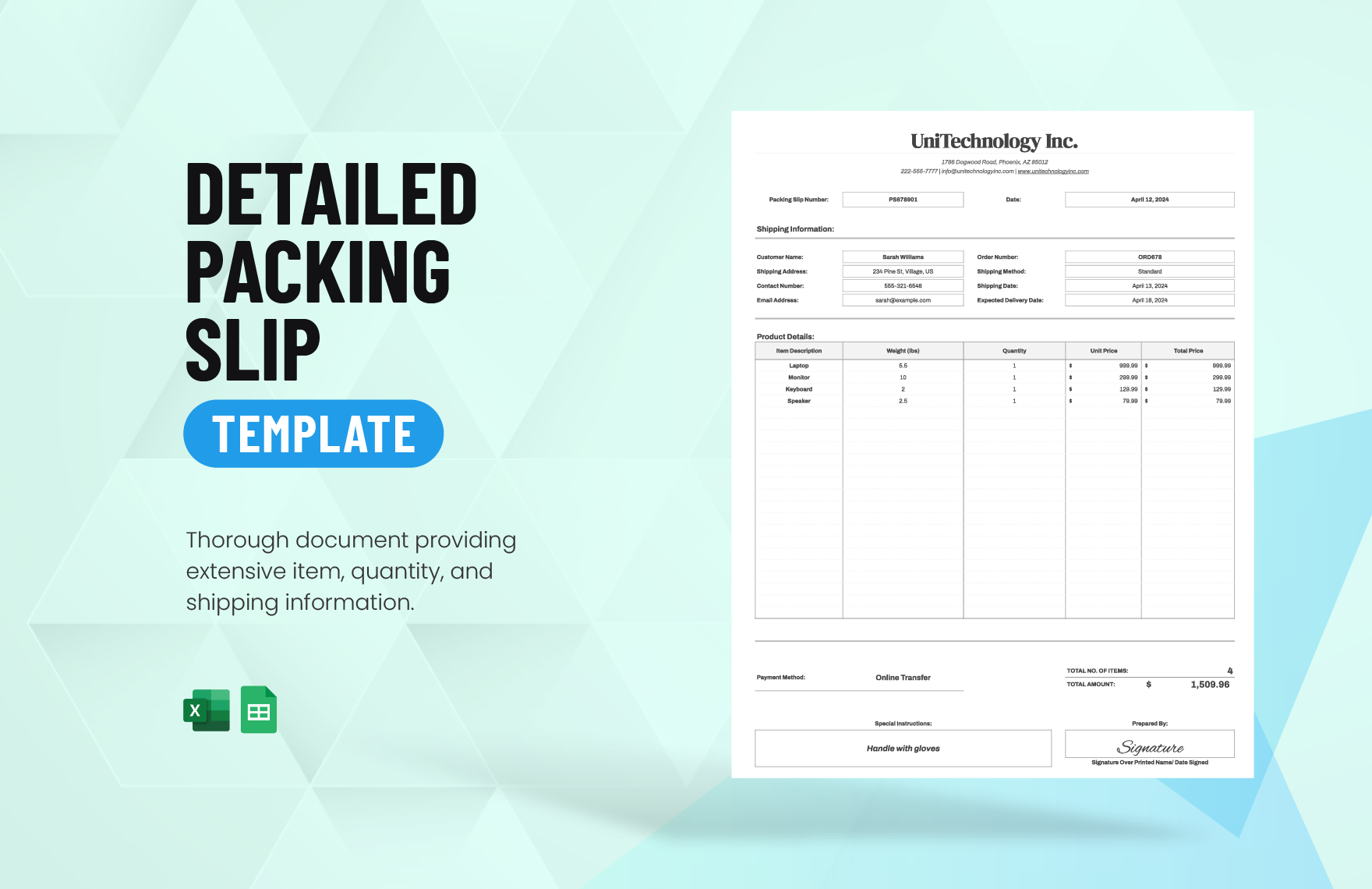 Detailed Packing Slip Template in Excel, Google Sheets