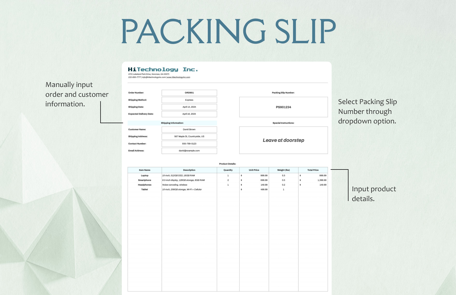 Product-Specific Packing Slip Template
