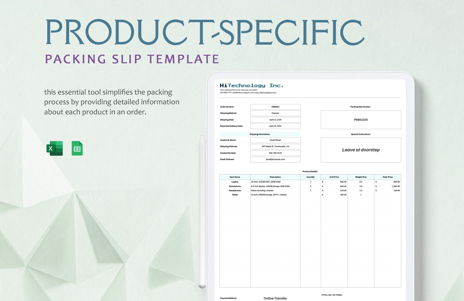 Product-Specific Packing Slip Template in Excel, Google Sheets
