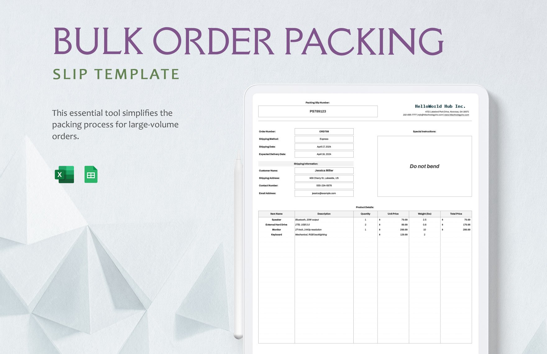 Bulk Order Packing Slip Template in Excel, Google Sheets