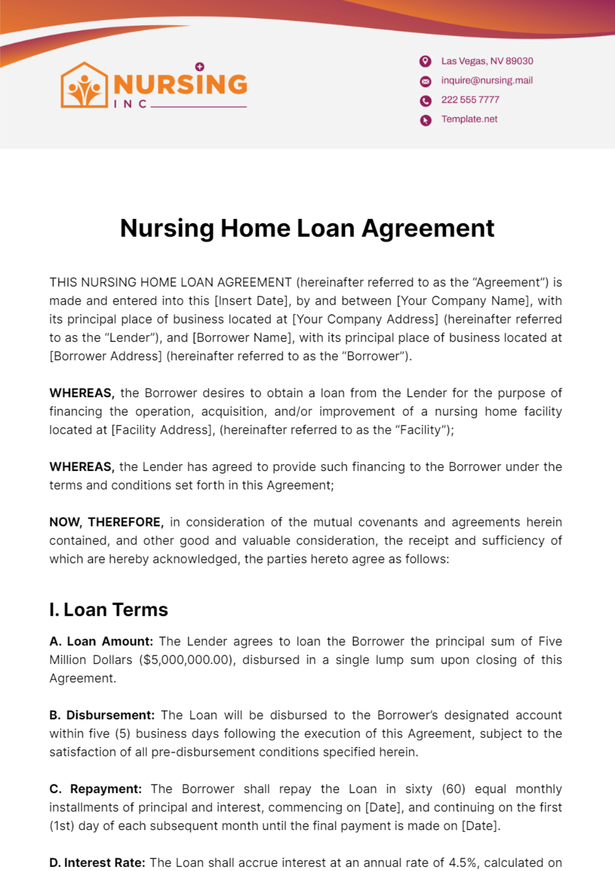 Nursing Home Loan Agreement Template