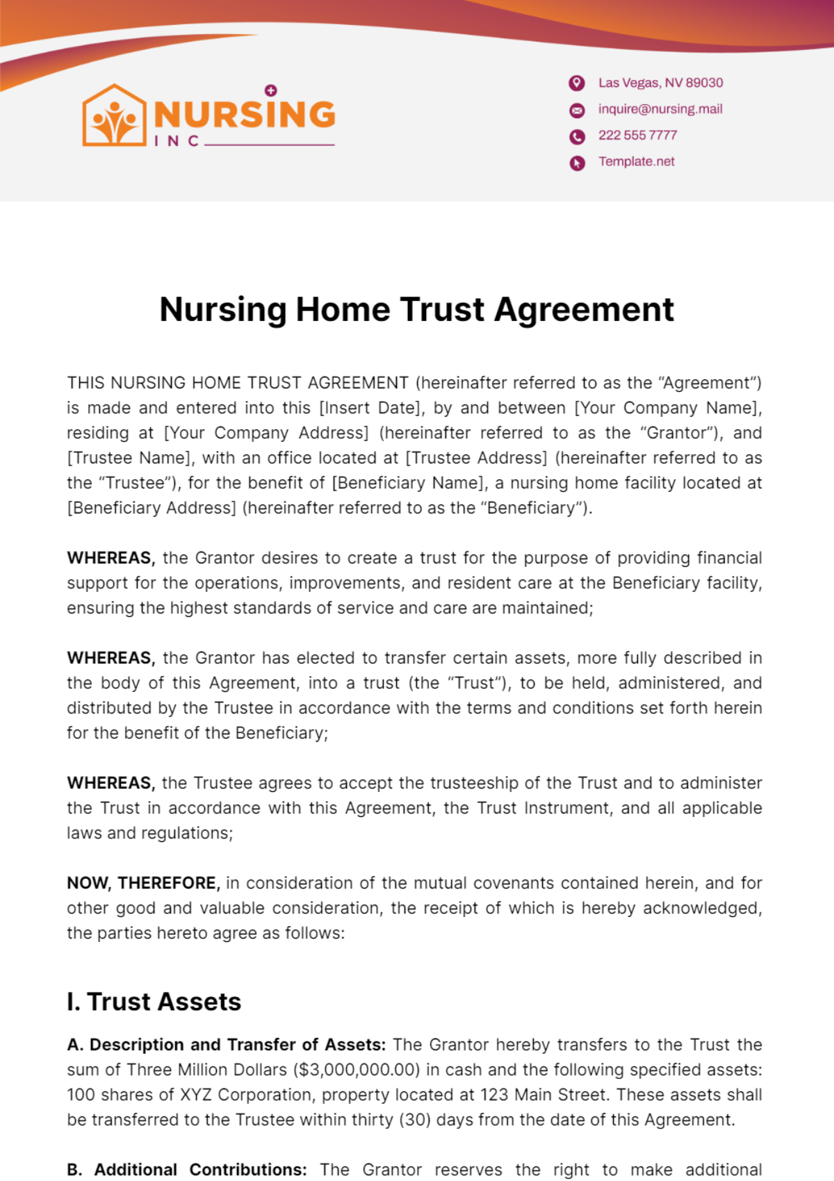 Nursing Home Trust Agreement Template