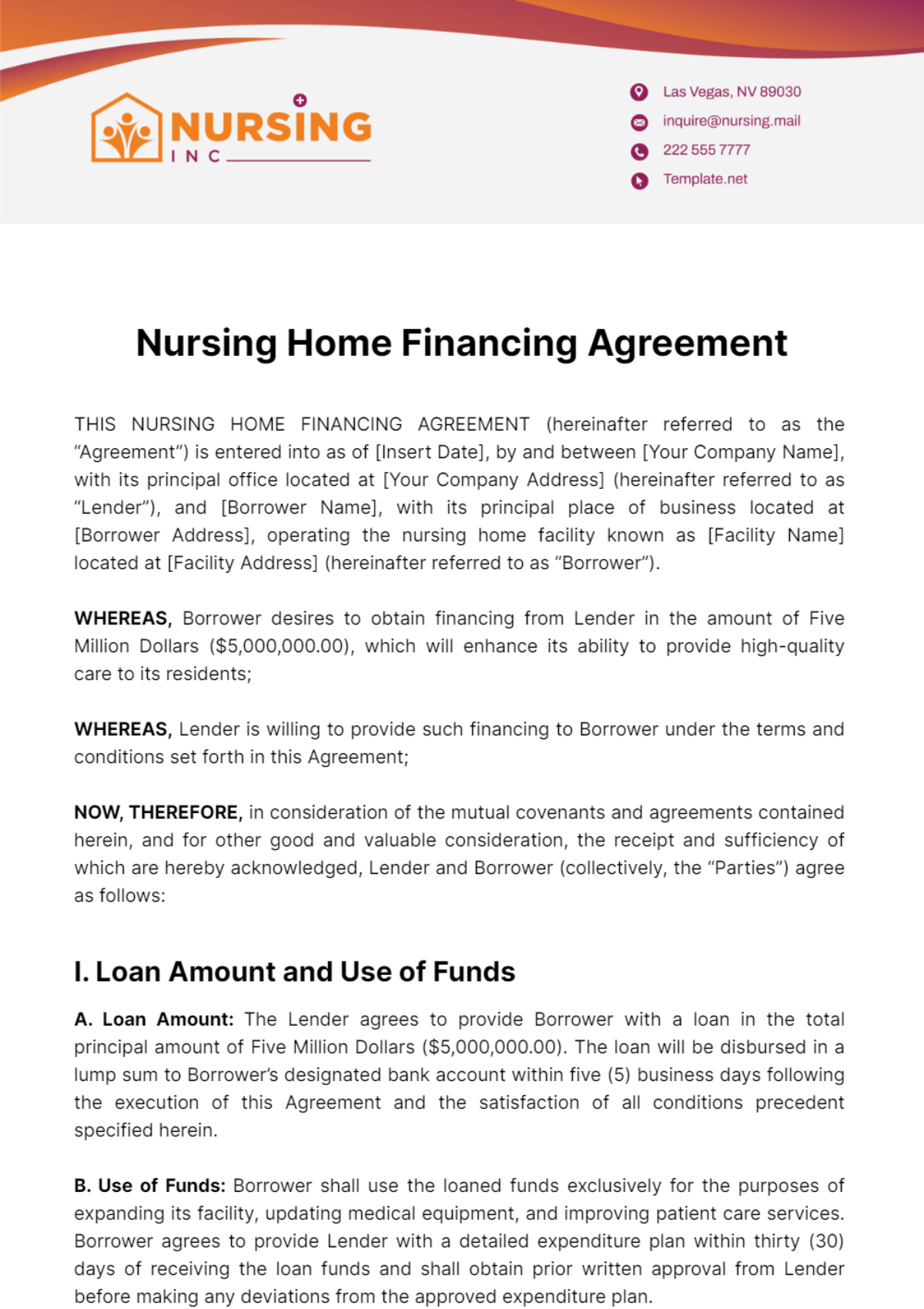 Nursing Home Financing Agreement Template