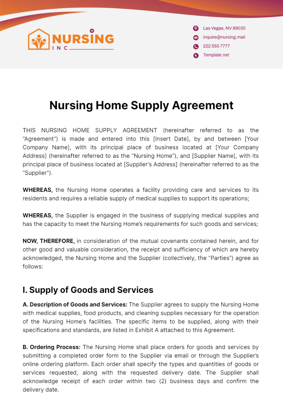 Nursing Home Supply Agreement Template