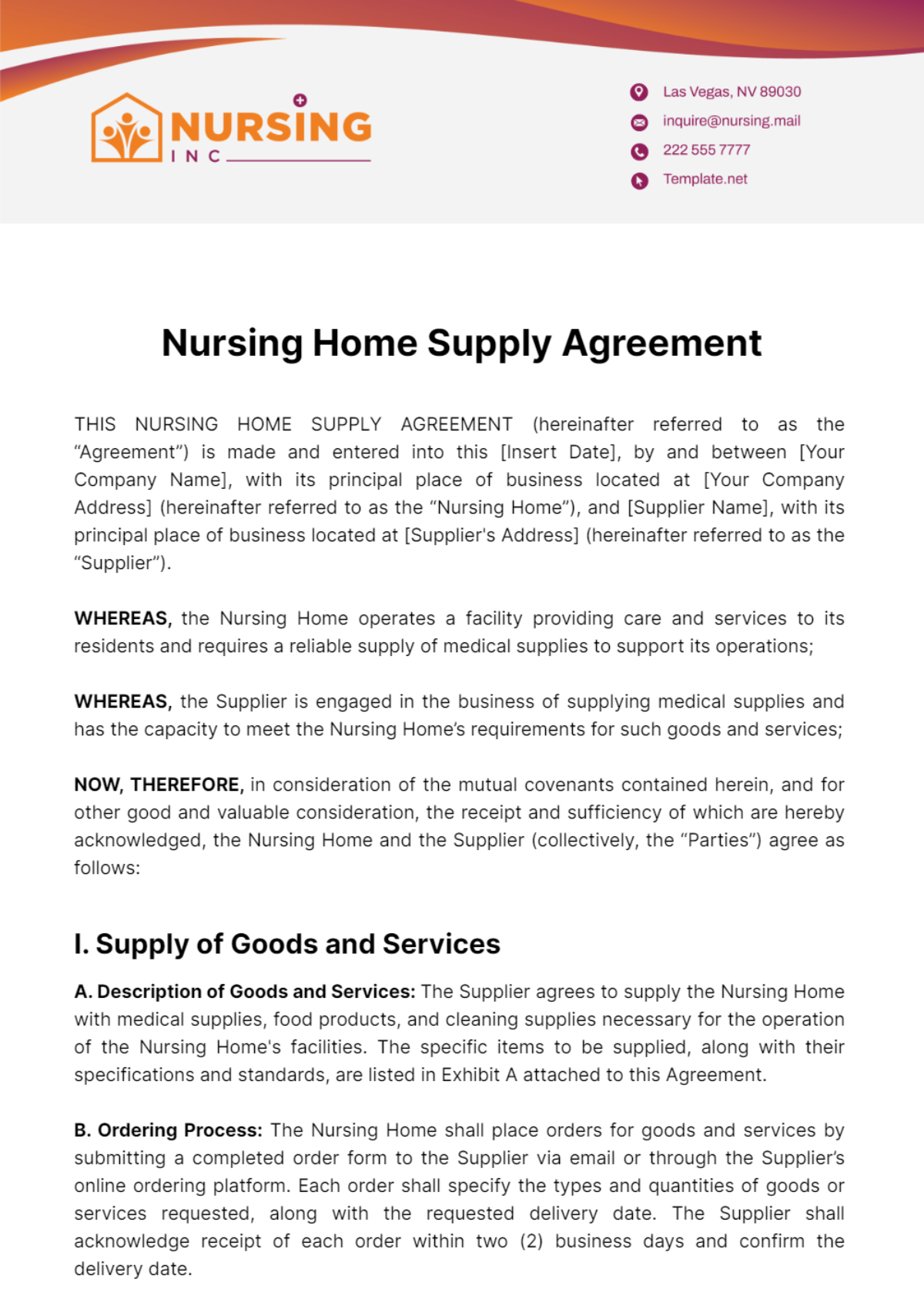 Nursing Home Supply Agreement Template - Edit Online & Download