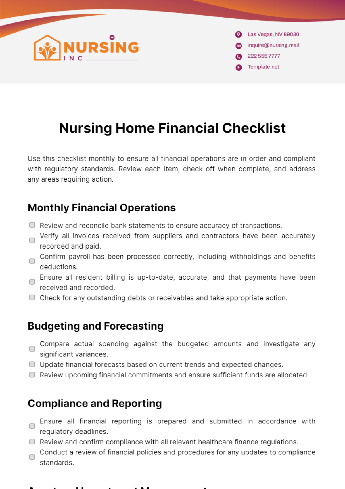 Nursing Home Financial Checklist Template