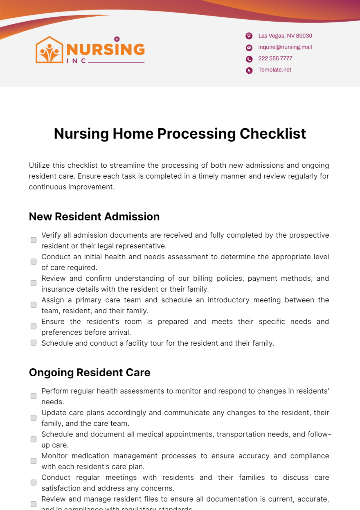 Nursing Home Processing Checklist Template