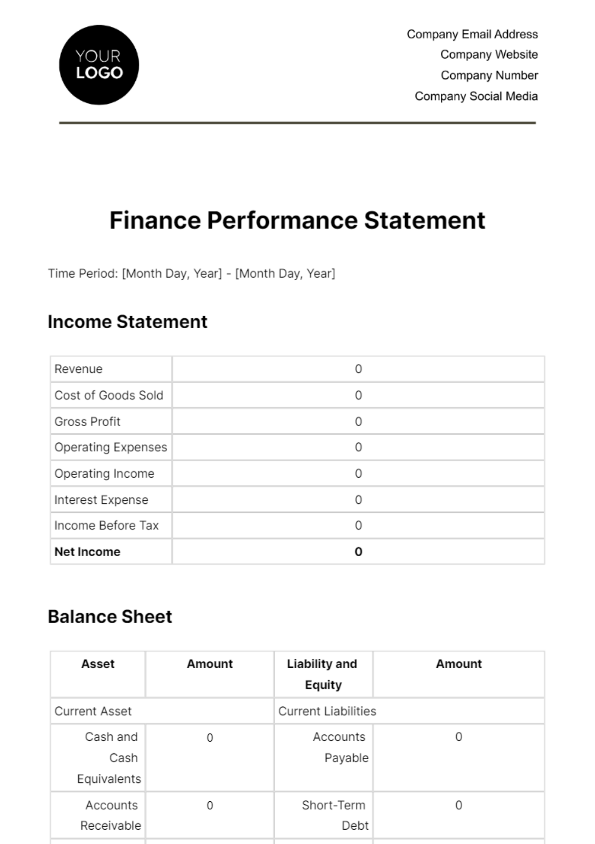 Financial Performance Statement Template