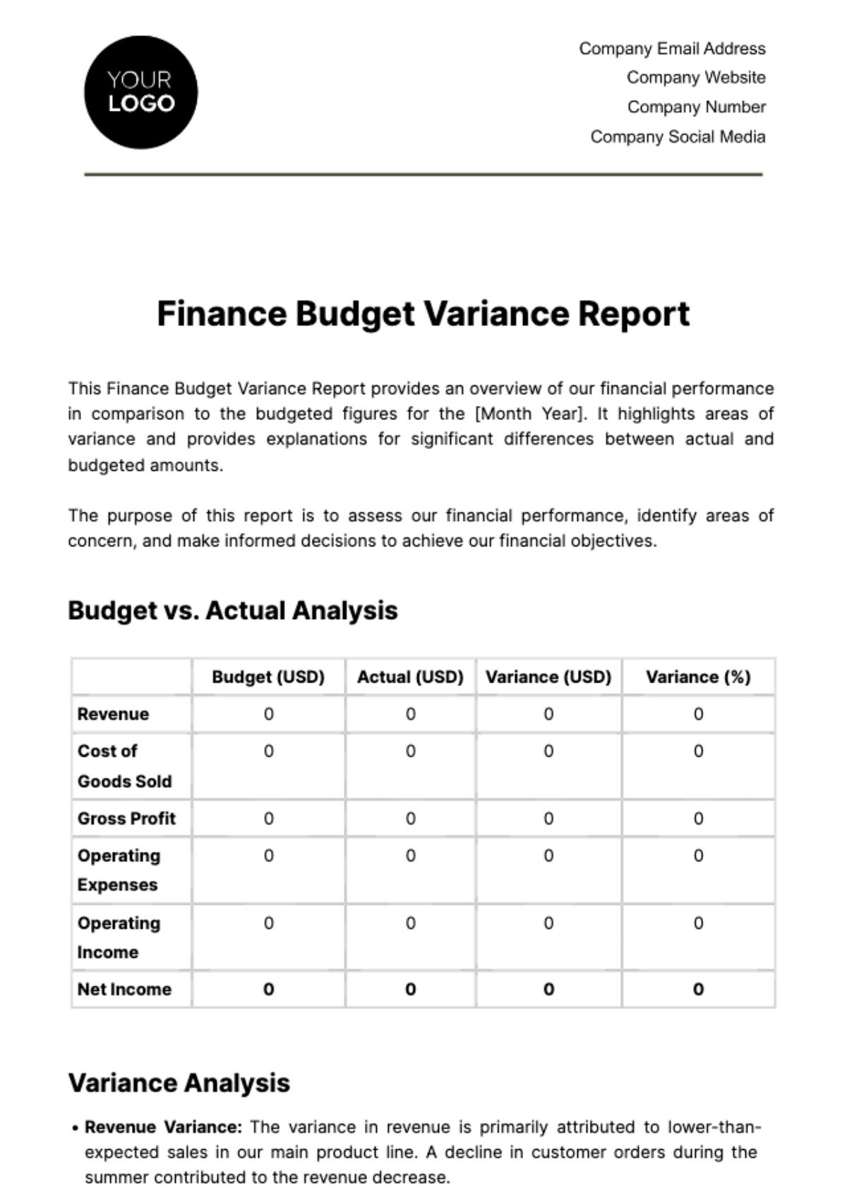 Free Finance Budget Variance Report Template