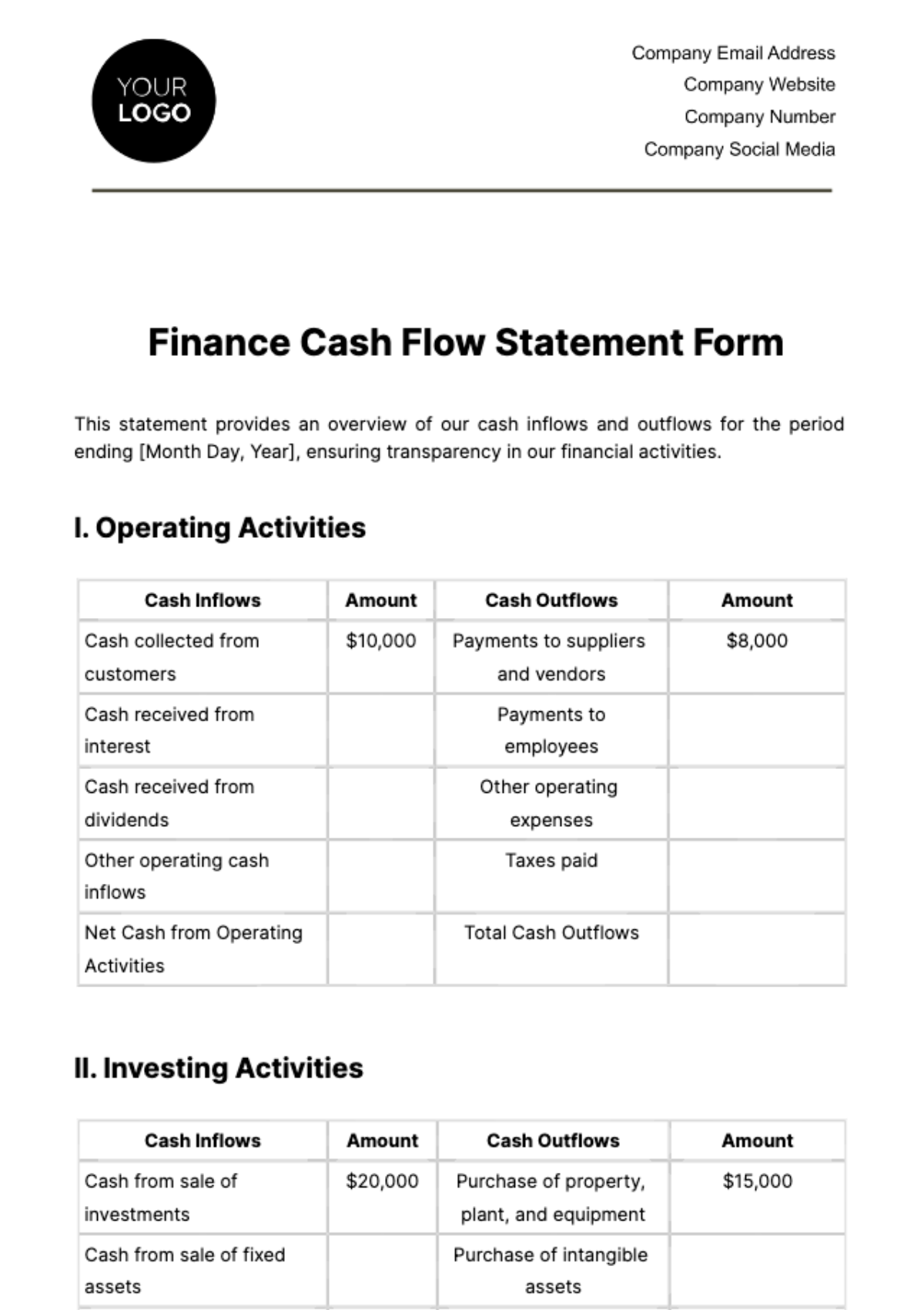 Finance Cash Flow Statement Form Template