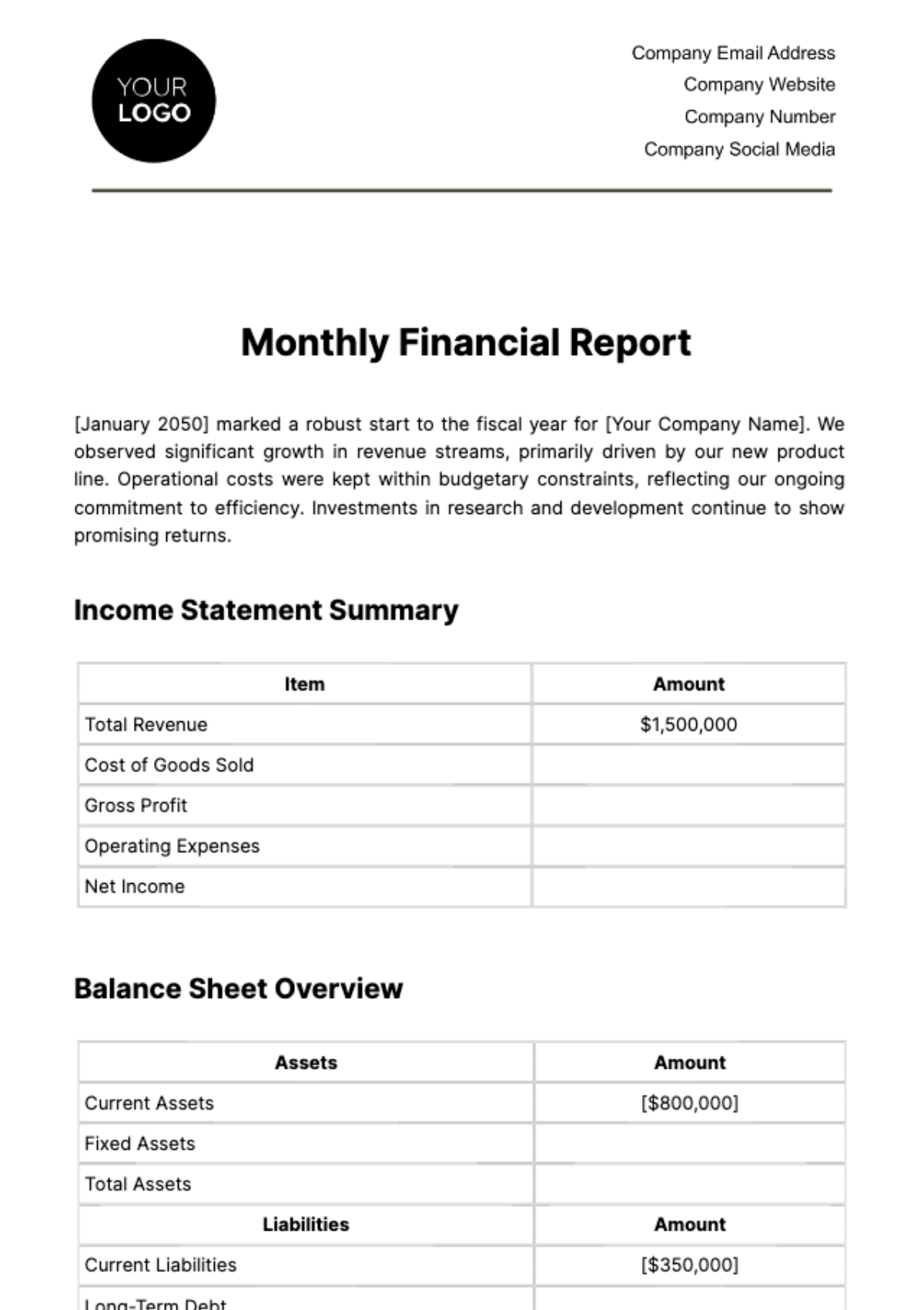 Free Monthly Financial Report Template