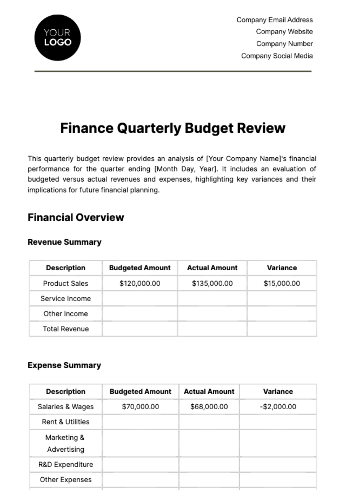 Finance Quarterly Budget Review Template