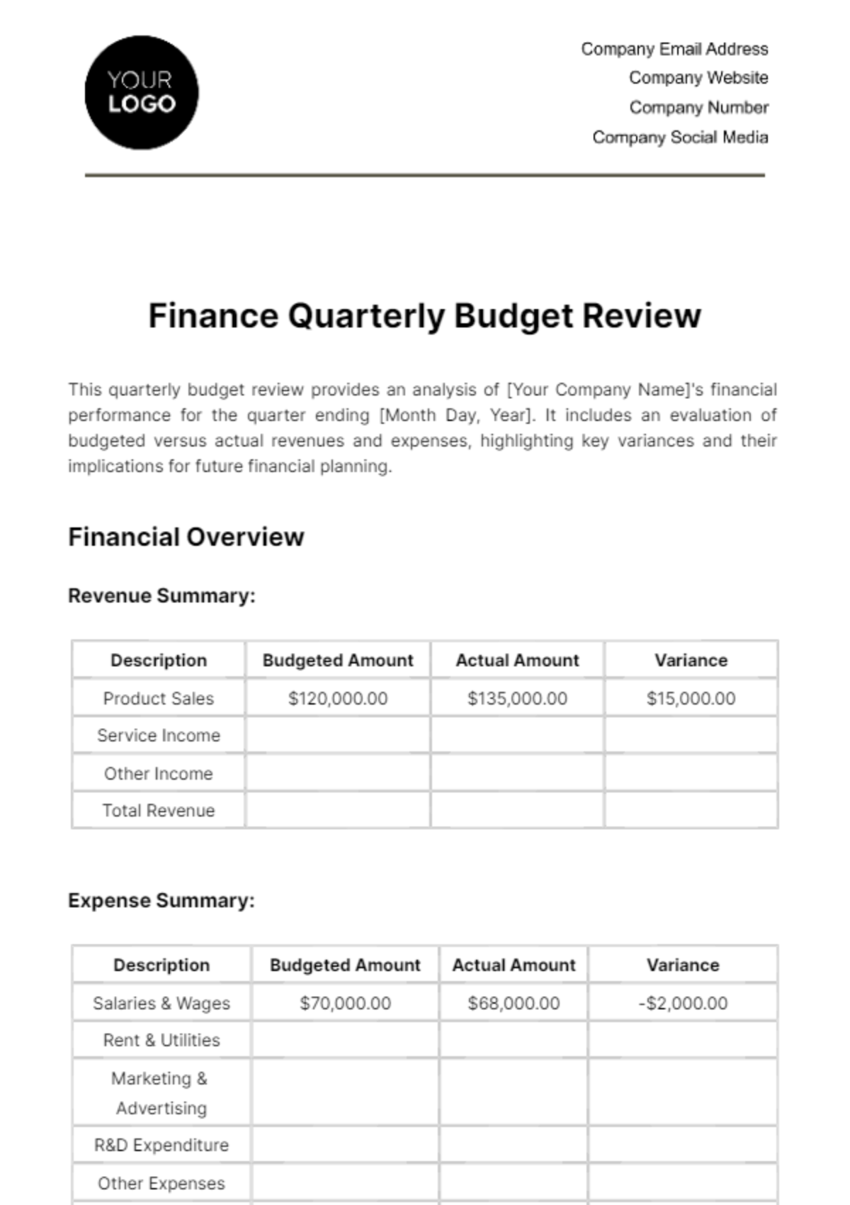 Finance Quarterly Budget Review Template - Edit Online & Download ...