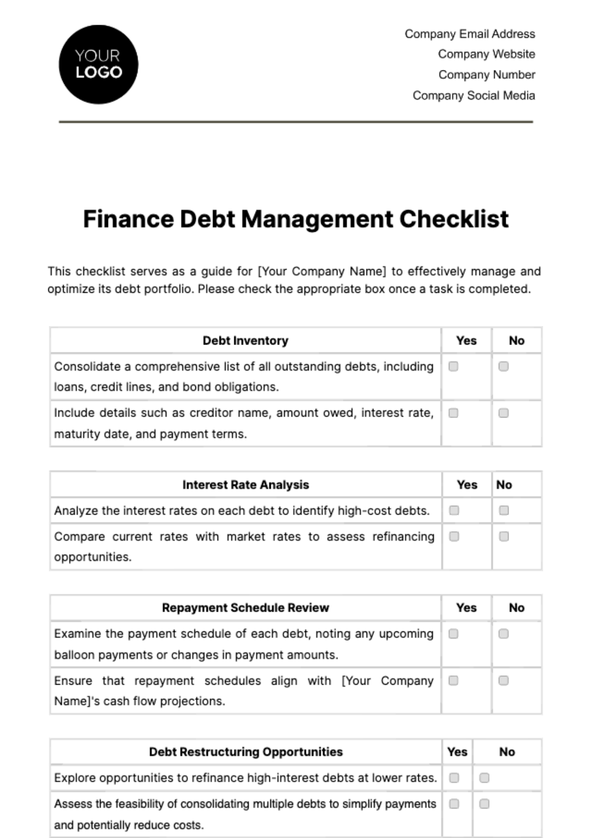 Finance Debt Management Checklist Template
