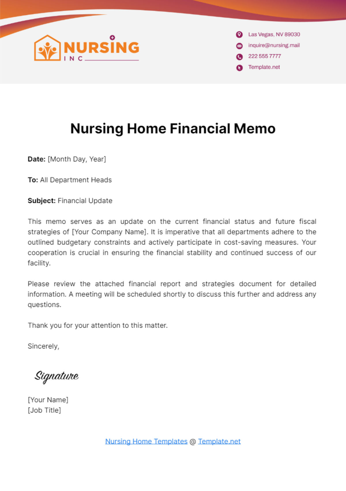 Nursing Home Financial Memo Template