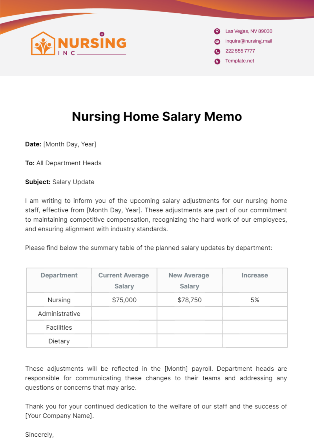 Nursing Home Salary Memo Template