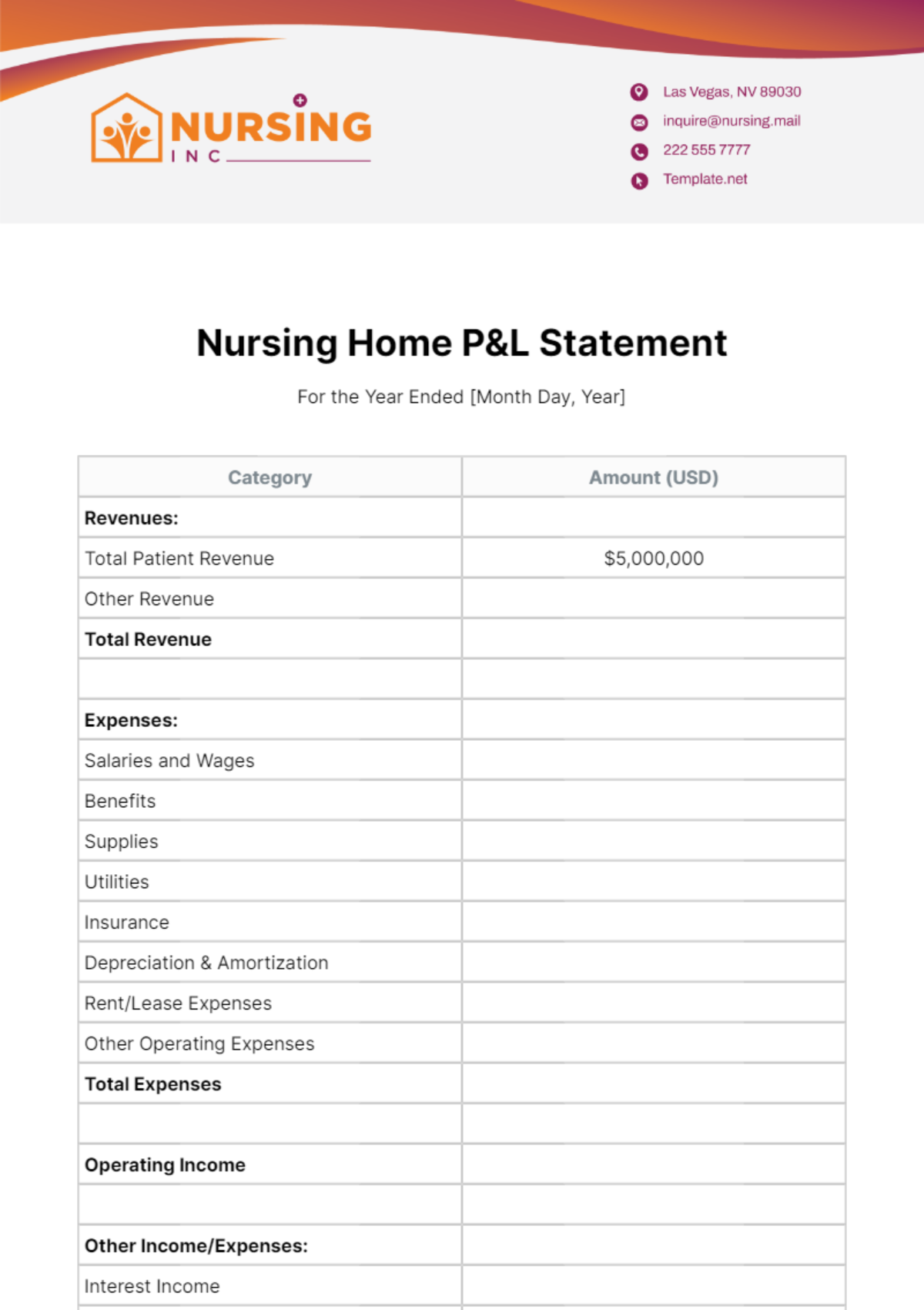 Nursing Home P&L Statement Template