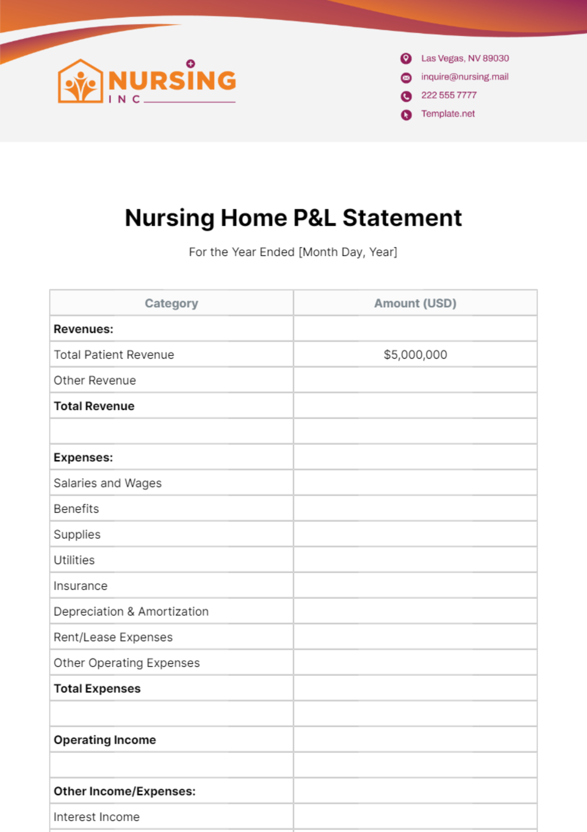 Nursing Home P&L Statement Template - Edit Online & Download