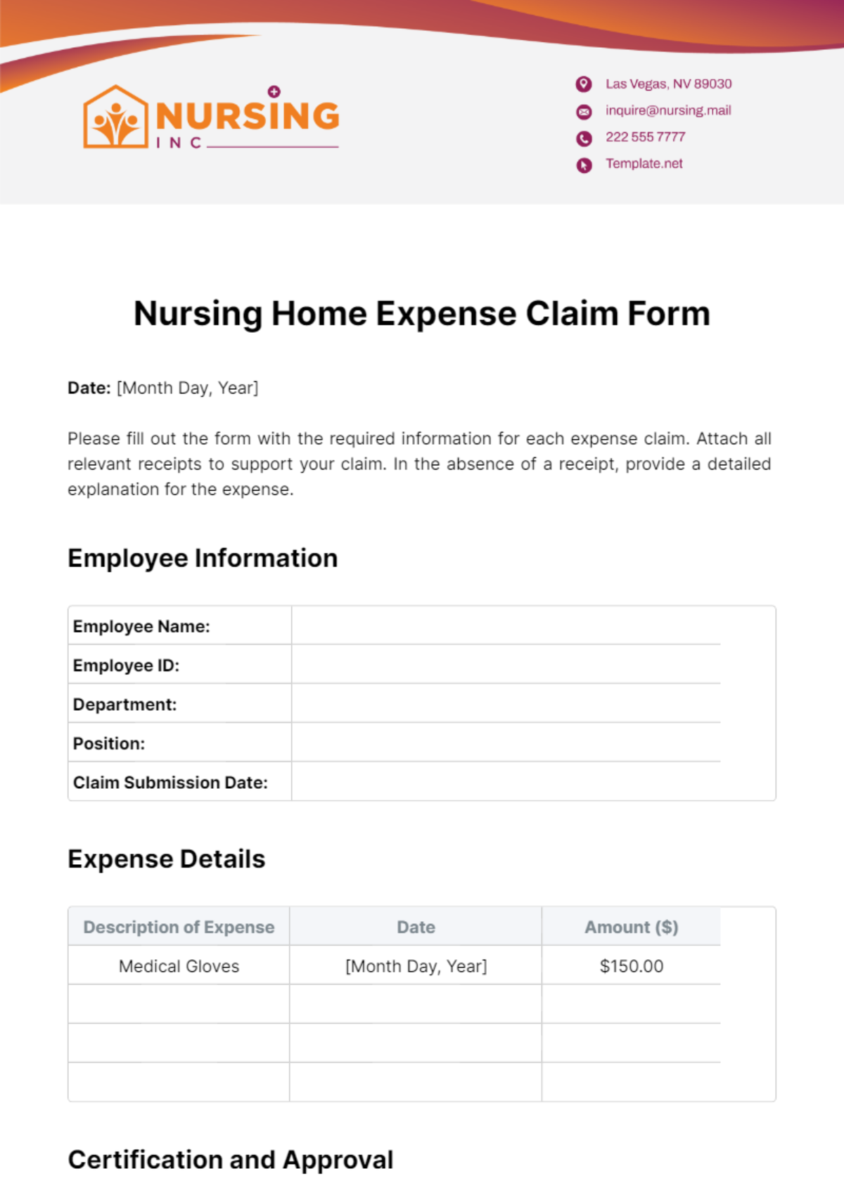 Free Nursing Home Expense Claim Form Template