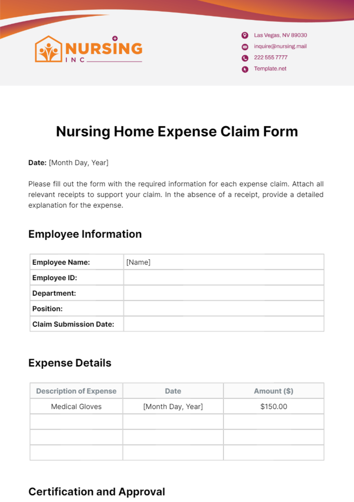Nursing Home Expense Claim Form Template